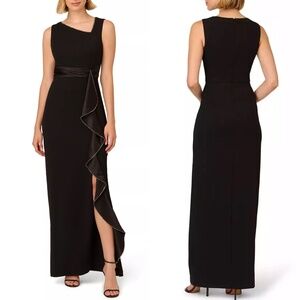 NEW Adrianna Papell BLACK Asymmetrical Neck CREPE & SATIN Ruffle SLIT GOWN US 2